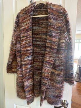Liverpool Multicolor Fuzzy Open-Front Cardigan - Rust, Blue, Mauve
